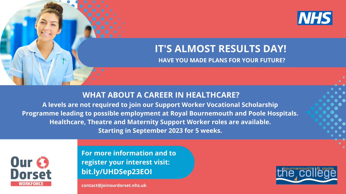 Join Our Dorset (@joinourdorset) on Twitter photo It's almost results day... are you not sure what to do next? We have a fantastic opportunity on offer!
We've partnered with <a href="/UHD_NHS/">University Hospitals Dorset NHS Foundation Trust</a> to provide a healthcare support worker vocational scholarship programme, taking place this September.
Learn more at bit.ly/UHDSep23EOI It's almost results day... are you not sure what to do next? We have a fantastic opportunity on offer!
We've partnered with <a href="/UHD_NHS/">University Hospitals Dorset NHS Foundation Trust</a> to provide a healthcare support worker vocational scholarship programme, taking place this September.
Learn more at bit.ly/UHDSep23EOI