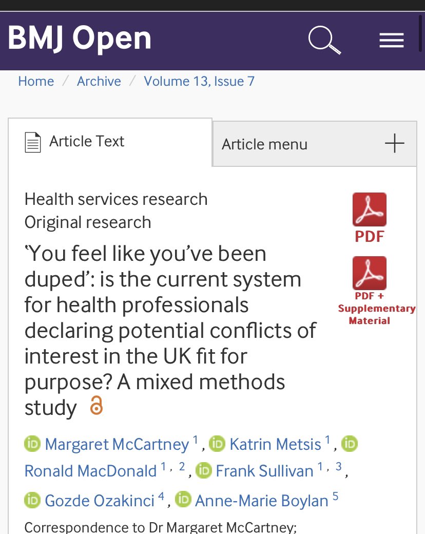 “There was a clear progression of decreased trust and decreased belief that the doctor was acting in their best interests with increasing financial interests. The least trust-generating scenario was where the conflict was not directly disclosed” bmjopen.bmj.com/content/13/7/e…