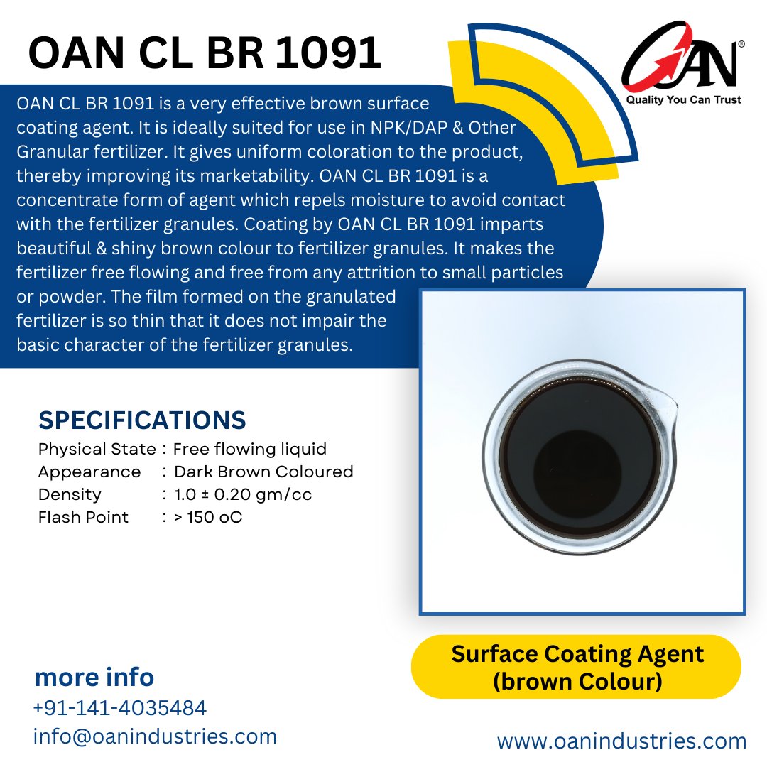 oanindustries's tweet photo. OAN CL BR 1091 - Surface Coating Agent (Brown Colour)
#surfacecoating #coatingagent #colouringagent #fertilizer #colouringcumanticakingagent #granularfertilizer #npk #dap #browncolour #uniformcoloration #fertilizeradditives #chemicalmanufacturing #oanindustries https://t.co/9rWewBHkTE
