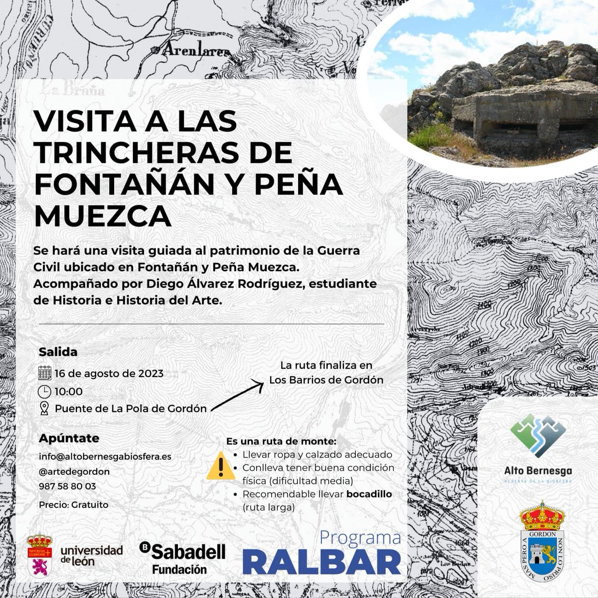 Recomendamos otra de la rutas que Diego Álvarez <a href="/artedegordon/">Gordón, el arte entre montañas</a> organiza por el magnífico patrimonio bélico de <a href="/altobernesgabio/">Alto Bernesga Biosfera</a> #Gordón #LeónEsp
Mañana 16 de agosto visita a las impresionantes posiciones de #Fontañán y #Muezca ¡¡¡Inscripción gratuita!!!
<a href="/unileon/">Universidad de León</a> #ralbar @fbsabadell