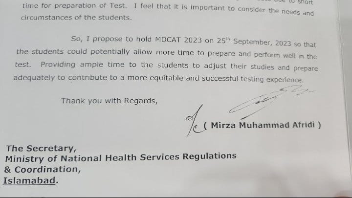 AngoorZahid's tweet photo. *Source*

*MDCAT be delayed till September 25, Deputy Chairman Senate*.

*A letter has been written to the Health Secretary by Deputy Chairman Senate*, *Mirza Muhammad Afridi, it has been advised to delay MDCAT till September 25*.
*DelayMDCAT2023* https://t.co/vOzndwLh0M