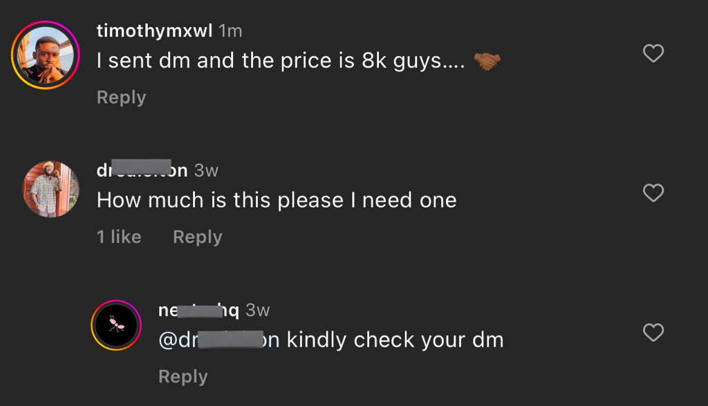 Whenever I see “dm for price,” I dm and then post the price in the comment section to save others from dm'ing