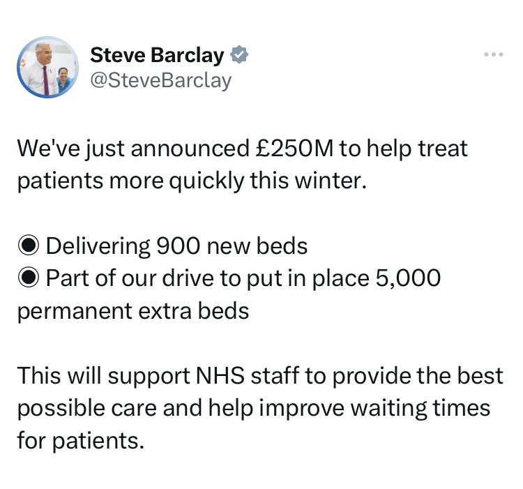 Dr Dan Goyal (@danielgoyal) on Twitter photo This is proper pissing me off now
Headlines of “5% increase in bed capacity” actually turns out to be a 0.7% increase!?!
And even that is by the end of the financial year
More bullsh!t policies getting good headlines but doing absolutely f-all for patients
Enough lies, FFS!!! This is proper pissing me off now
Headlines of “5% increase in bed capacity” actually turns out to be a 0.7% increase!?!
And even that is by the end of the financial year
More bullsh!t policies getting good headlines but doing absolutely f-all for patients
Enough lies, FFS!!!