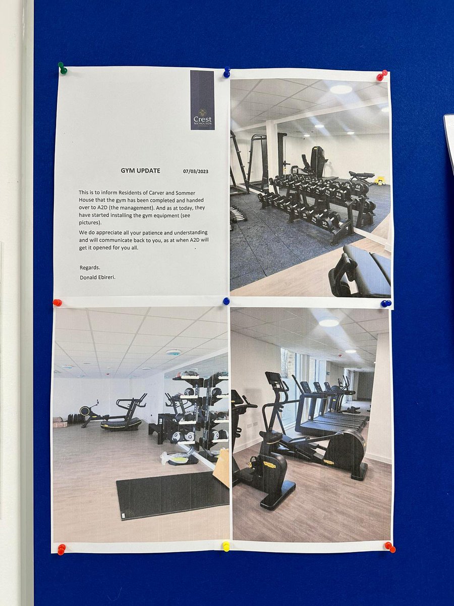MissFliss90's tweet photo. @A2DominionHelp Please can you advise why the Gym that residents were promised 2yrs ago on Walton Court Gardens still hasn’t been opened? Last update back in March was it would open soon…
Fully functional gym ready to go but not open due to petty politics between A2 and @CrestNicholson https://t.co/HYAqVbCtDV
