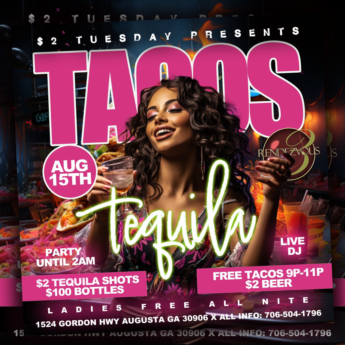 radeekwebb's tweet photo. TACOS &amp; TEQUILA TUESDAY!! #FREE TACOS 9p-11p. $2 Tequila shots $2 TEREMANA SHOTS! LIVE DJ!! https://t.co/rexC5H1cY1