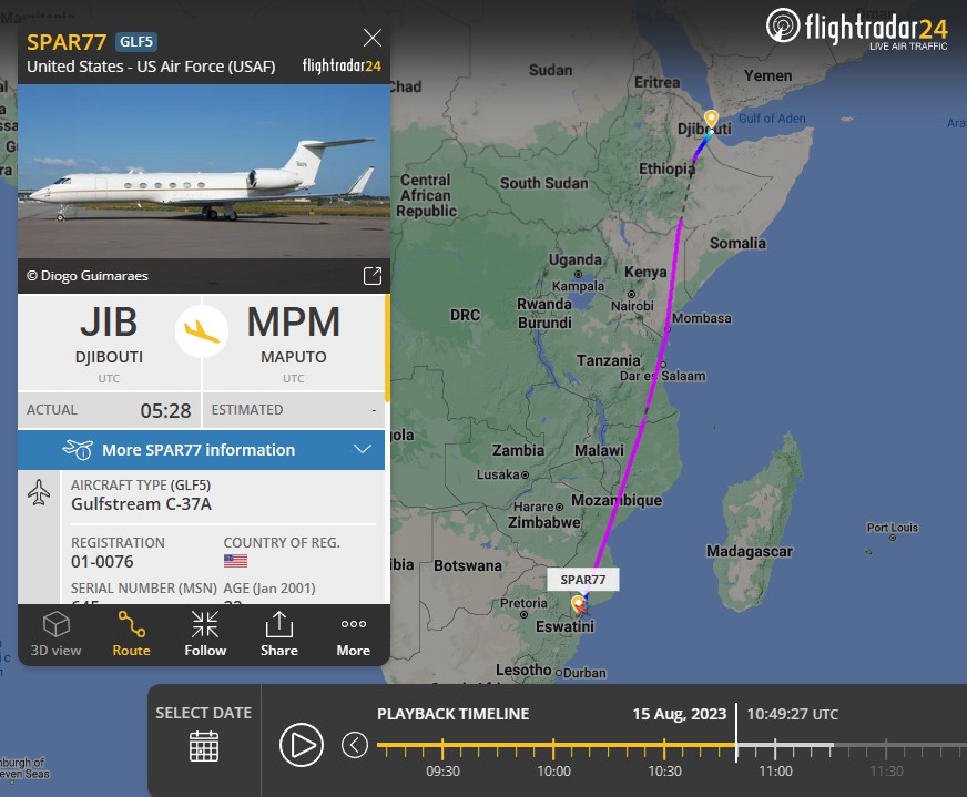 Laurent_Le_Bloa's tweet photo. VIP inboard USAF GLF5 #SPAR77 fm #Stuttgart via #Djibouti to #Maputo #Mozambique 
@RAbdiAnalyst @Abdi678 @0g_ontheground @OAbraar @Wild_JSL @_ngwata @YahyeSL @awkulmiyow @WajaaleMan https://t.co/RZ8yVlfBCS