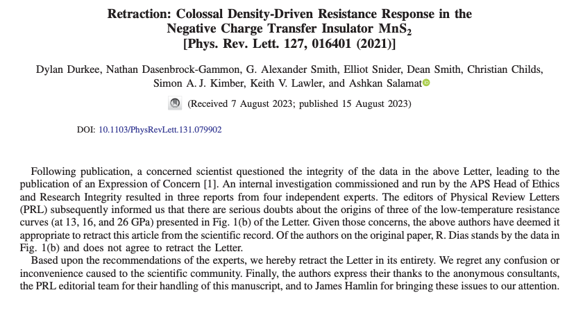 PhysRevLett's tweet photo. The paper

“Colossal Density-Driven Resistance Response in the Negative Charge Transfer Insulator MnS₂”

has been retracted by 9 of the 10 authors.

Letter: https://t.co/D1W2t2OSJg
Retraction: https://t.co/be95kRCHrK https://t.co/1w8U3WXE52
