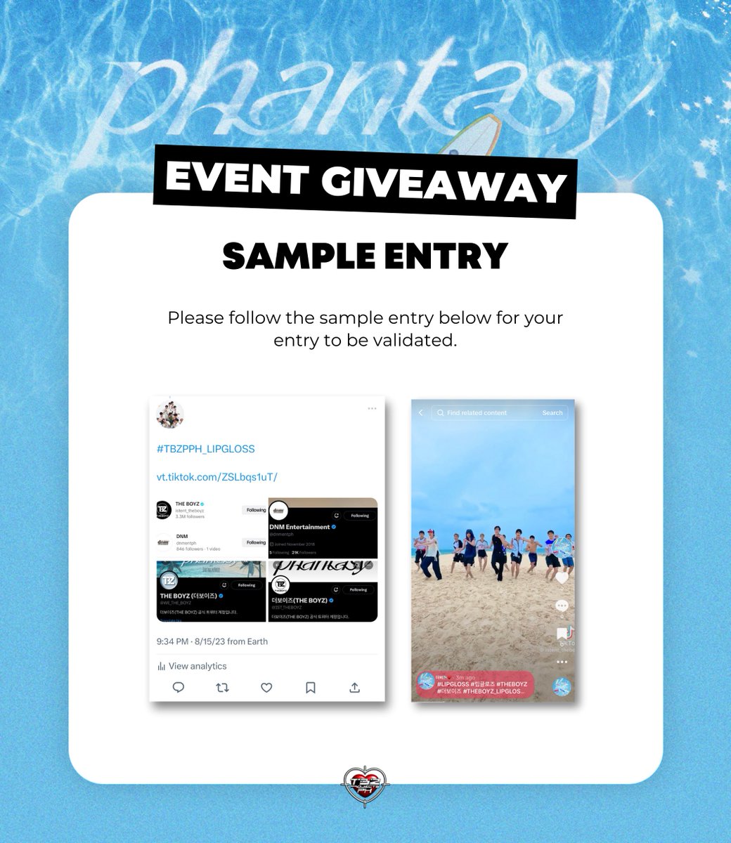 [#LIPGLOSS EVENT GIVEAWAY] 💄

Happy 1 month since #ZENERATION_MANILA! Show your love for The Boyz by posting a Tiktok 💋

🎁 Prizes:
- 1 Manila The Bz shirt 
- 1 Christmas in August album set
- Zeneration Manila event card set sponsored by <a href="/dnmentph/">DNM Entertainment</a>

Event ends on August 25!