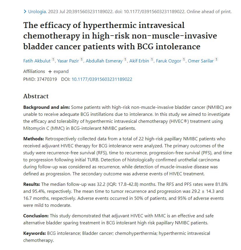 Mehmet Fatih Akbulut (@mfaurology) on Twitter photo Our new study about HIVEC
The efficacy of hyperthermic intravesical chemotherapy in high-risk non-muscle-invasive bladder cancer patients with BCG intolerance. <a href="/CombatCancer/">Combat Medical #HIVEC #HIPEC</a> #HIVEC #bladdercancer
pubmed.ncbi.nlm.nih.gov/37470319/ Our new study about HIVEC
The efficacy of hyperthermic intravesical chemotherapy in high-risk non-muscle-invasive bladder cancer patients with BCG intolerance. <a href="/CombatCancer/">Combat Medical #HIVEC #HIPEC</a> #HIVEC #bladdercancer
pubmed.ncbi.nlm.nih.gov/37470319/