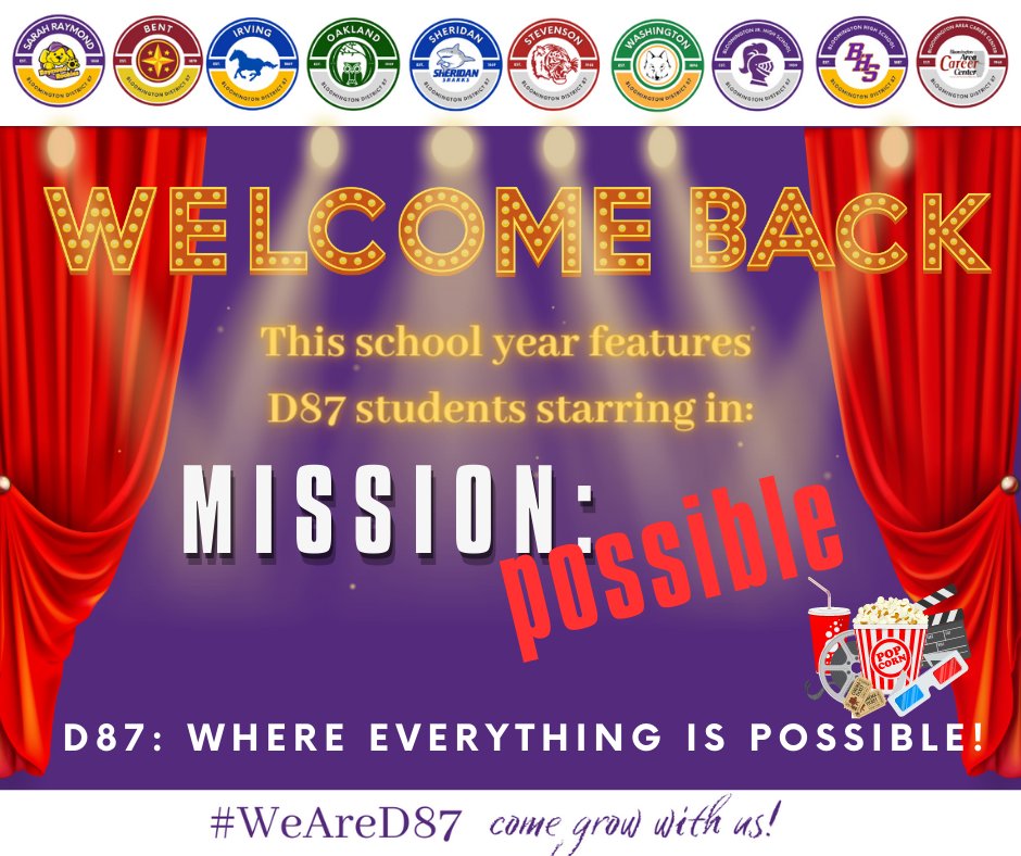 💥 Are you ready for it? Tomorrow is the first day of school for our Pre-K, Elementary, 6th, and 9th grades! 
🌟 This school year, we're embracing the spirit of Mission: Possible! 📢 D87, where everything is possible! 💥
#MissionPossible #FirstDayOfSchool #WeAreD87