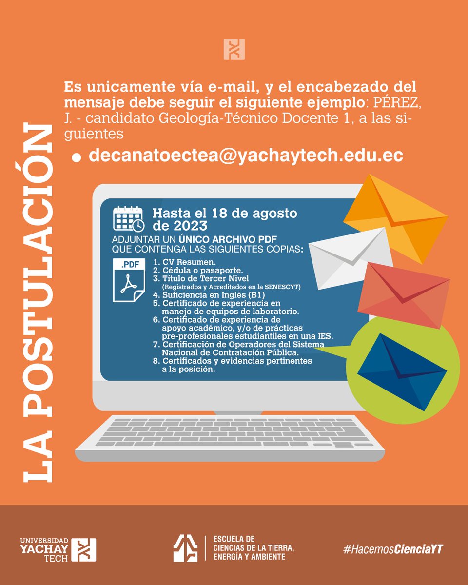 UniYachayTech's tweet photo. #Convocatoria| ¿Estás listo para trabajar en la #UniYachayTech? Postula hasta el 18 de agosto para Técnico Docente de la Escuela de Ciencias de la Tierra Energía y Ambiente. 🖥👨‍💻🔦💡

#SomosYachayTech 

Info:  ⬇️

https://t.co/VGnPWFC6Ka https://t.co/xXn4YZMMXV