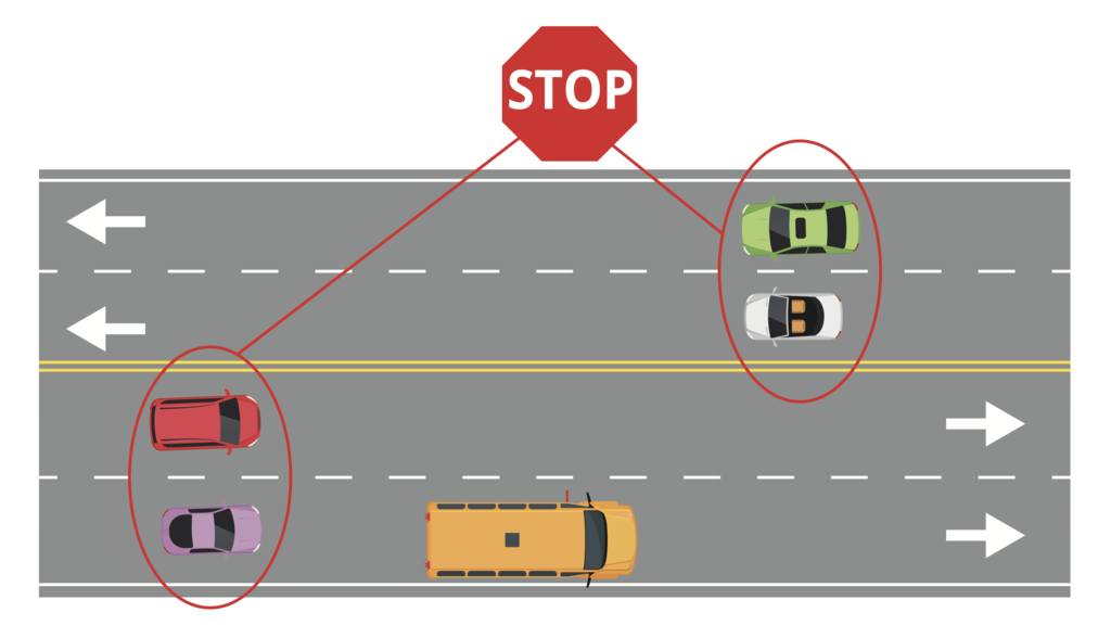 safe_iowa's tweet photo. All must stop for a bus stop sign on a 4-lane road. Again, BOTH directions must STOP. #SchoolsAreStarting #BusSafety #GetSAFE https://t.co/sgPN9j2G1T