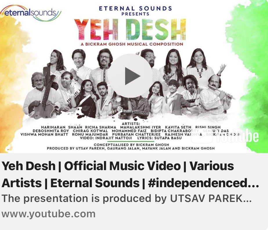 Here’s the freshly launched video of my Independence Day Anthem 🙏 Produced by Eternal Sounds ! The best of India’s singers are joined by the brilliant young singers and the maestros of instrumental music ! Jai Hind🙏 Please share if you like ! youtube.com/watch?v=ckMToa……