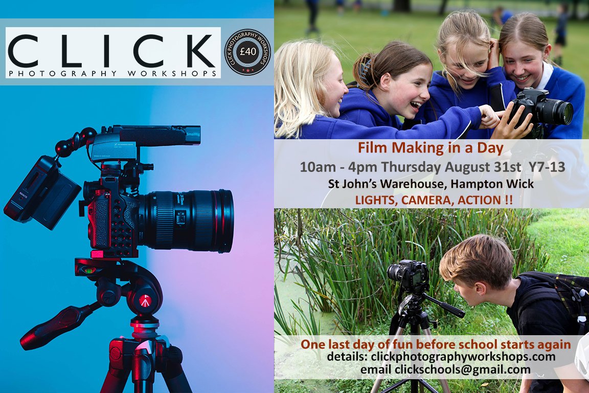 Click Photography (@cpworkshops) on Twitter photo Last day of creative summer fun before we all get back on the hamster wheel.
Just £40 for a day of scriptwriting, storyboarding, acting, shooting & editing.
St John's Warehouse, Hampton Wick, KT1.
Thursday Aug 31st - 10 to 4pm.
clickphotographyworkshops.com, clickschools@gmail.com Last day of creative summer fun before we all get back on the hamster wheel.
Just £40 for a day of scriptwriting, storyboarding, acting, shooting & editing.
St John's Warehouse, Hampton Wick, KT1.
Thursday Aug 31st - 10 to 4pm.
clickphotographyworkshops.com, clickschools@gmail.com