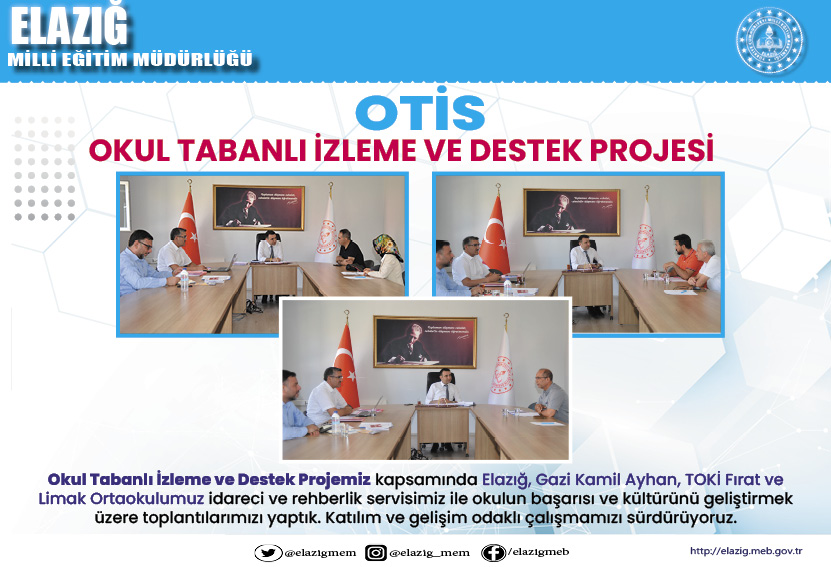 OTİS Toplantılarında Bugün...
Okul Tabanlı İzleme ve Destek Projesi (OTİS) kapsamında İl Müdürümüz <a href="/mehmetyigitmem/">Mehmet YİĞİT</a> okul müdürlerimiz ve rehber öğretmenlerimizle birlikte okul başarısı ve kültürünü geliştirmeye yönelik toplantıları sürdürüyor. <a href="/tcmeb/">Millî Eğitim Bakanlığı</a> <a href="/Yusuf__Tekin/">Yusuf Tekin</a> <a href="/omertoraman25/">Ömer Toraman, Doç. Dr.</a>