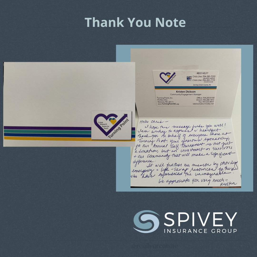 SpiveyInsurance's tweet image. Nothing better than a handwritten Thank You note! @TurningPointUC you are amazing.♥ It is our pleasure to support your organization. 
#handwrittennote #thankyounote #turningpointUC #nonprofitsupport #protectwhatsclosestoyou