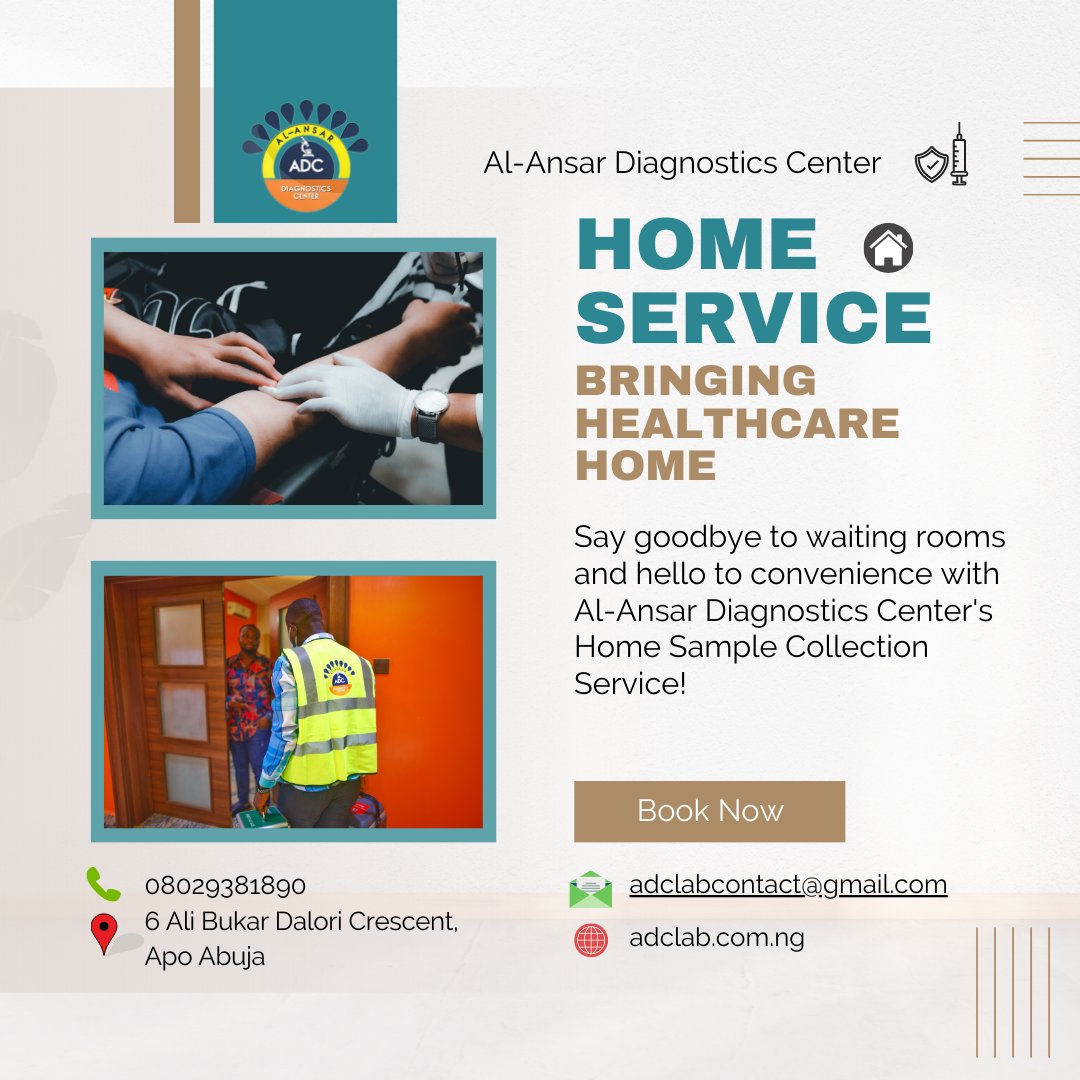 Say goodbye to waiting rooms and hello to convenience with Al-Ansar Diagnostics Center's Home Sample Collection Service! 🩺🚪#AbujaLab #Health #HealthCare #MedicalLab #HomeService #SampleCollection #HomeTesting #AbujaTwitterCommunity