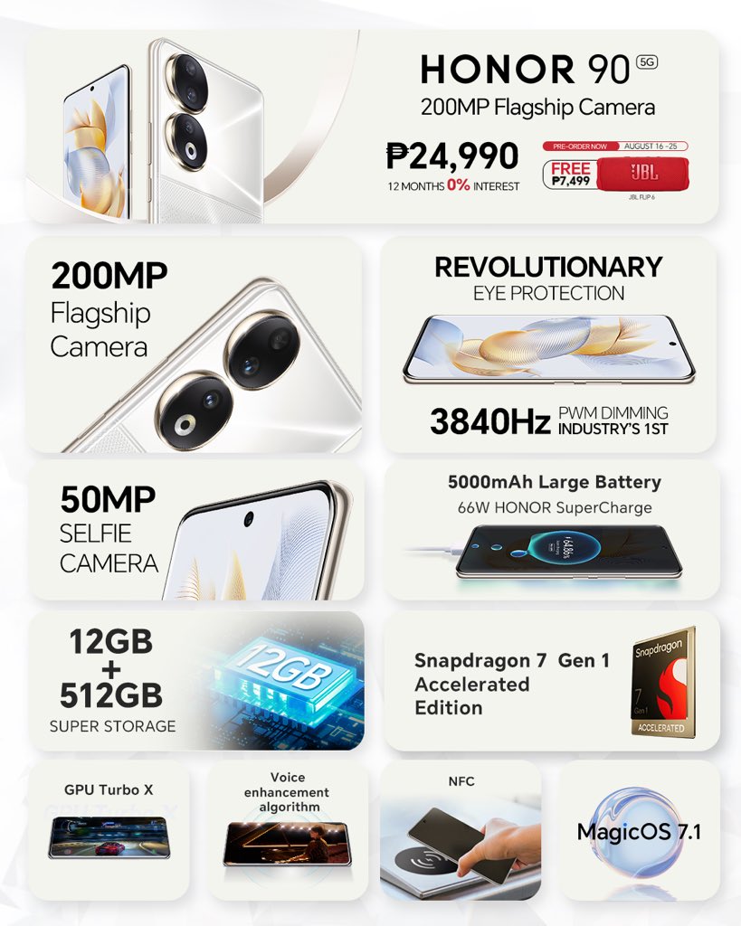 HONORPHL's tweet photo. Get Flagship-Level specs for only PHP 24,990.00 with the HONOR 90 5G! Pre-order now to get the JBL Flip6 worth Php7499.00 for free (until supplies last) from August 15 to 25, 2023! Get yours now!

#HONOR905G
#200MPFlagshipCamera
#RevolutionaryEyeProtection https://t.co/8SsFiiuW9t
