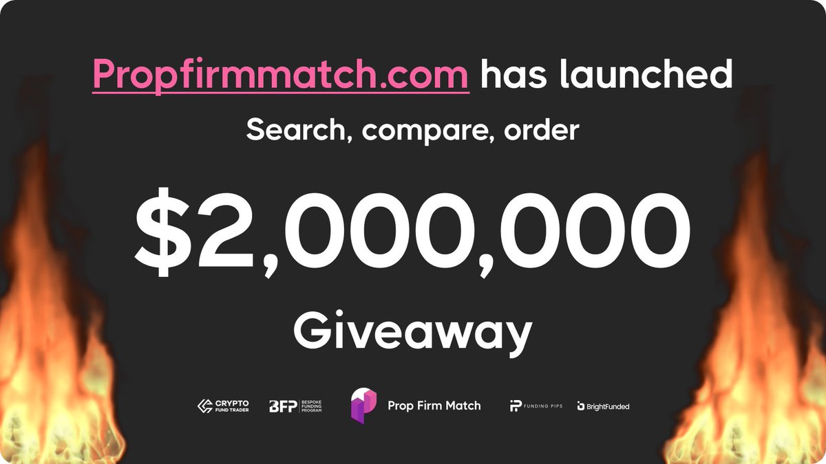 🔥Propfirmmatch.com has launched🔥

$2,000,000 Launch Giveaway🤯

100 Accounts Valued 5-400K💵

1️⃣Follow <a href="/PropFirmMatch/">Prop Firm Match</a>, @Bespoke_Funding, <a href="/fundingpips/">FundingPips</a>, <a href="/CFTradercom/">Crypto Fund Trader</a>, <a href="/BrightFunded/">BrightFunded</a>
2️⃣Retweet, tag friends
3️⃣Change profile picture to PFM logo⬇️
4️⃣Enjoy the site

August 31.⏰