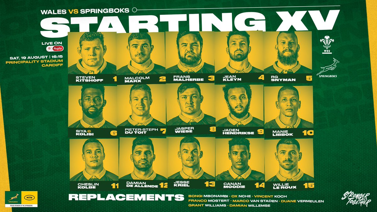 Springboks's tweet photo. Kolisi, Hendrikse and Nche feature in the #Springboks match-23 for the first time this year - more here: https://t.co/i23atPSxJC 🥳
#StrongerTogether https://t.co/9zoMeEKafc