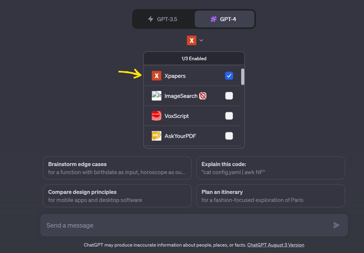 HameedTouseef's tweet photo. Open ChatGPT. Navigate to 'Plugins'.
Search for 'Xpapers' and click 'Install'. You'll have a world of academic research at your fingertips in moments! 📚 #ChatGPT #ResearchOnTheGo https://t.co/fGeV6jiFL4