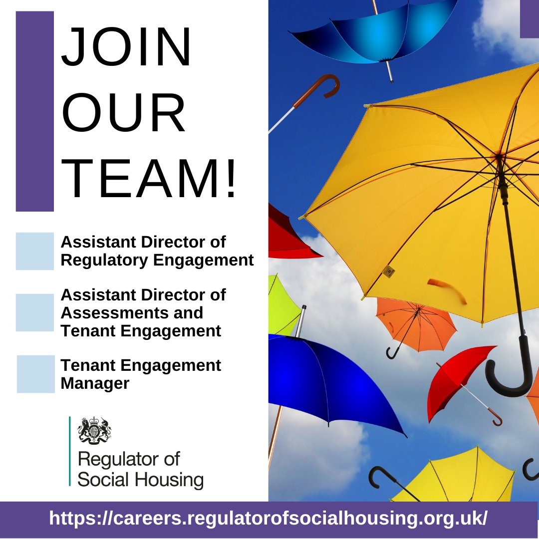 We are currently recruiting for:
* Assistant Director of Regulatory Engagement (closes 6 Sept)
* Assistant Director of Assessments and Tenant Engagement (closes 6 Sept)
* Tenant Engagement Manager (closes 10 Sept)
…reers.regulatorofsocialhousing.org.uk/#Roles #ukhousing