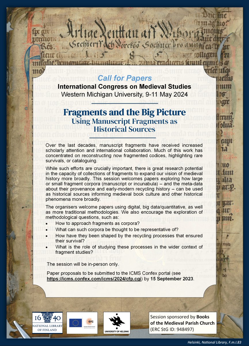 Manuscript scholars! Please consider submitting an abstract to our session 'Fragments and the Big Picture' at Kalamazoo 2024. More info: helsinki.fi/en/researchgro…
#kzoo2024 #fragmentology #MedievalManuscripts