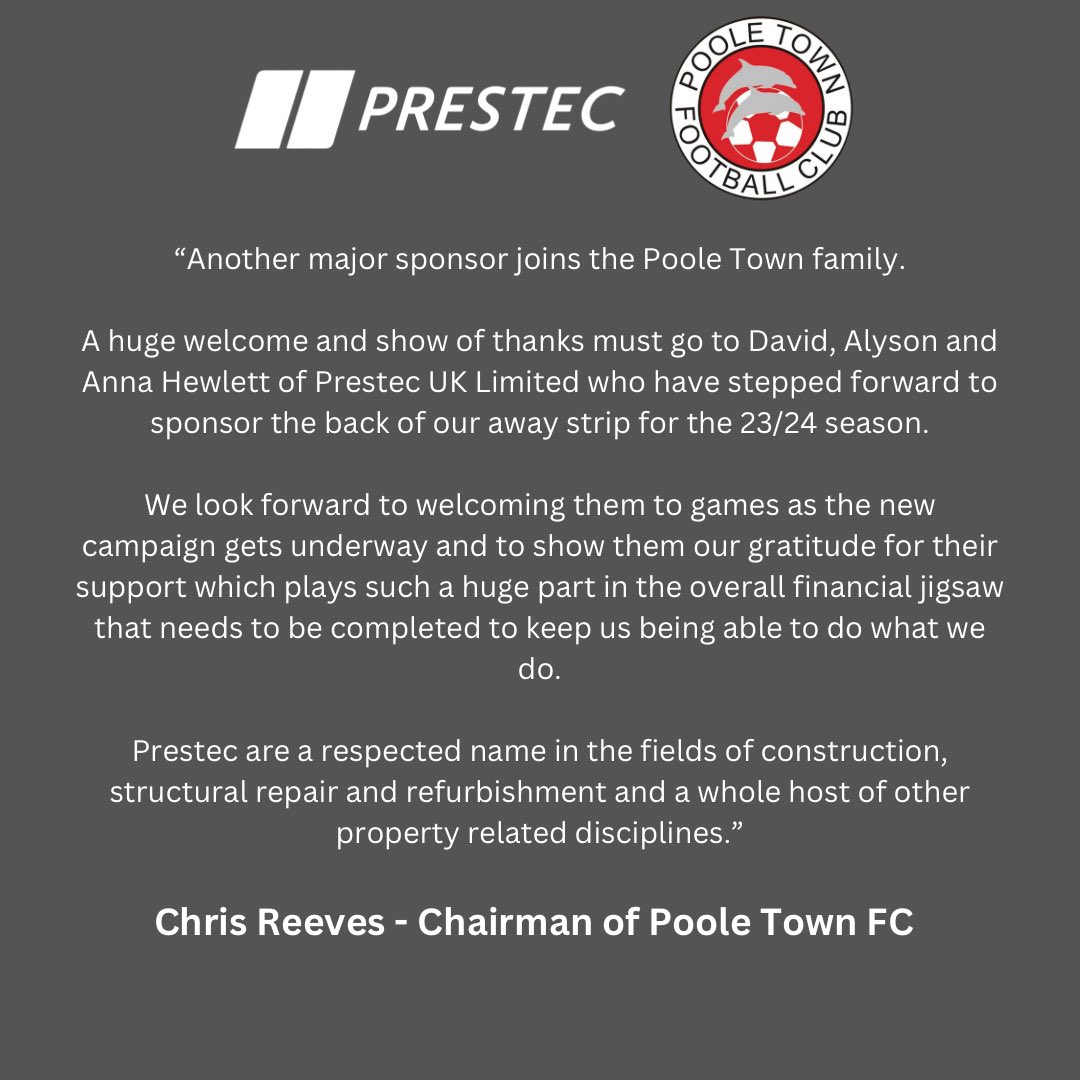 Prestec feeling privileged to sponsor and be a part of the <a href="/PooleTownFC/">Poole Town FC 🐬</a> family! ⚽️

Take a read below of the statement from Prestec and comments from <a href="/PooleTownFC/">Poole Town FC 🐬</a> Chairman Chris Reeves ⬇️