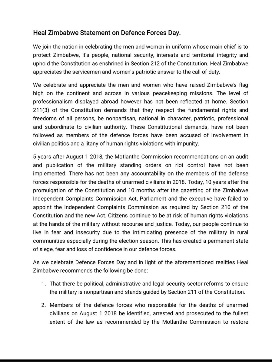 HealZim's tweet image. This #DefenceForcesDay2023 we call for improved civilian military relations and an end to violence. We restate our concern on the failure to appoint the Independent Complaints Commission. #AsOne