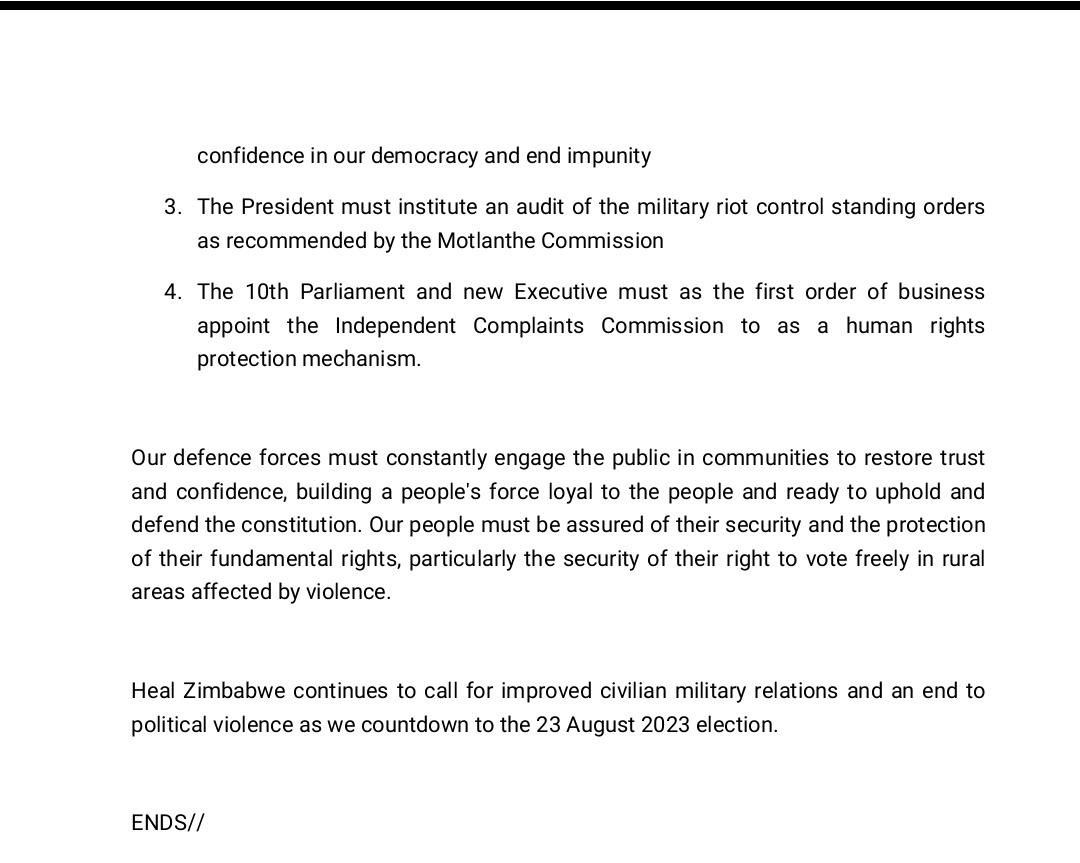 HealZim's tweet image. This #DefenceForcesDay2023 we call for improved civilian military relations and an end to violence. We restate our concern on the failure to appoint the Independent Complaints Commission. #AsOne