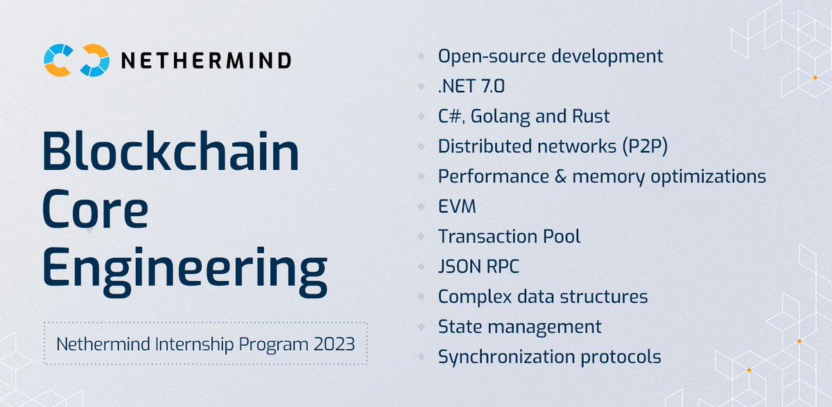 Curious about what an internship in Blockchain Core Engineering looks like? At the heart of the team is the Nethermind @ethereum execution client. Here, you'll have the opportunity to work alongside @_D4nie1_ , @URozmej, @M25Marek, and other C#.NET whizzes. If you want to dig…