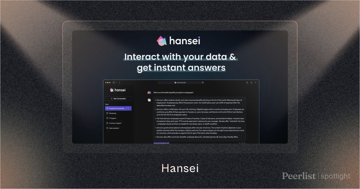 Peerlist (@peerlist) on Twitter photo Peerlist Project Spotlight featuring 🔦
Hansei - Simplify your Knowledge Base for Teams and Customers using AI-powered Assistants built by Kartike Bansal (<a href="/KartikeBansal/">Kartike Bansal ⚡️</a>) & Jai Singhal 🤩
Chat with your data using AI-powered assistants and get instant answers. Peerlist Project Spotlight featuring 🔦
Hansei - Simplify your Knowledge Base for Teams and Customers using AI-powered Assistants built by Kartike Bansal (<a href="/KartikeBansal/">Kartike Bansal ⚡️</a>) & Jai Singhal 🤩
Chat with your data using AI-powered assistants and get instant answers.
