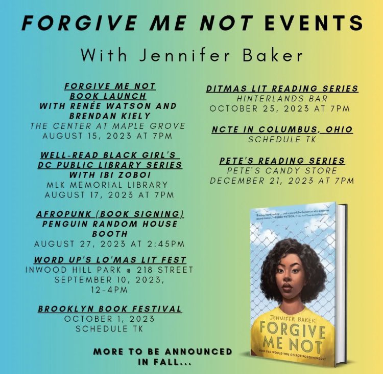 FORGET ME NOT, the “searing” YA story about a 15-yr-old in incarceration, is out today! Congrats and Happy Book Birthday to author, editor, literary crusader, diverse stories champion and publishing star @jbakernyc!! Catch her on tour! 🎉