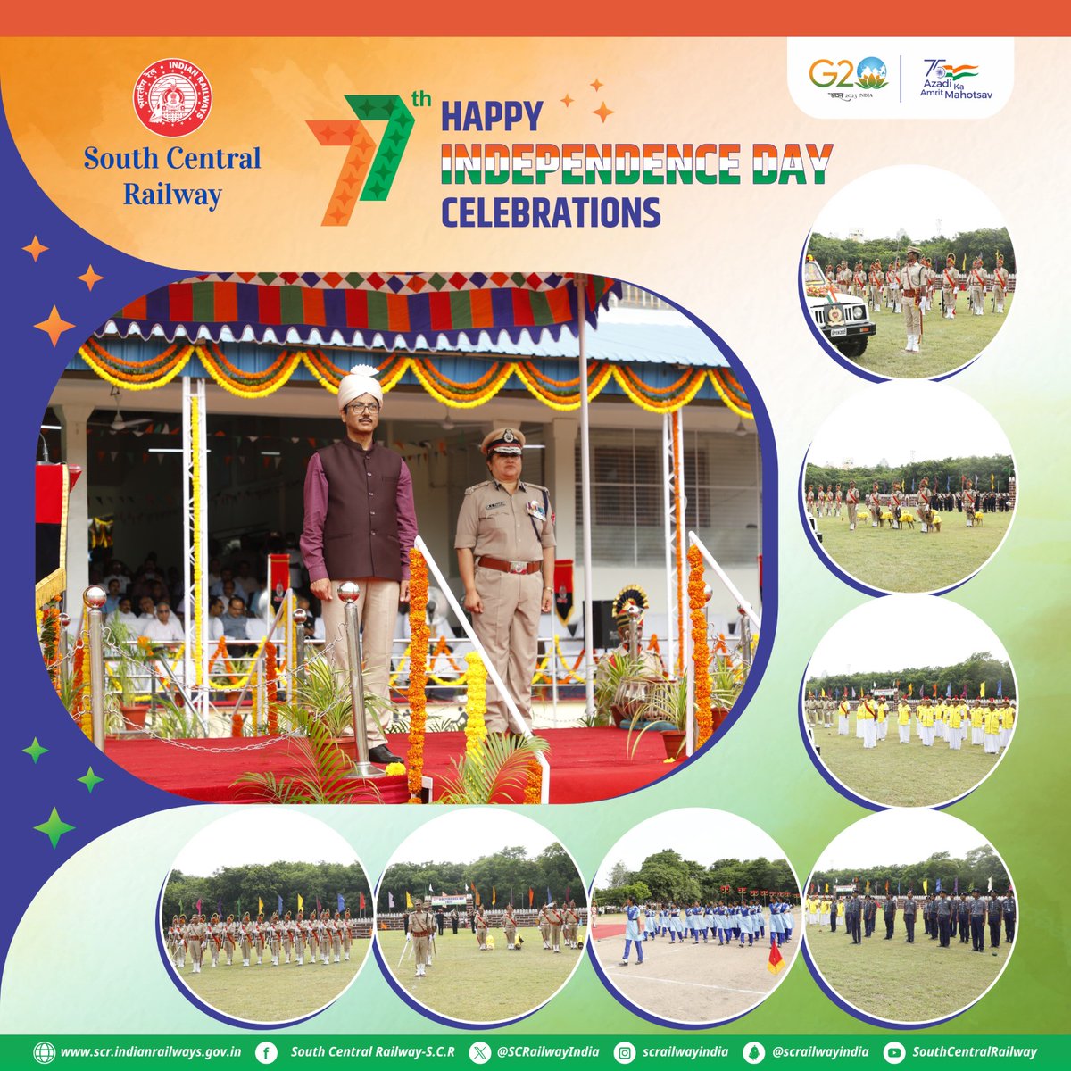 77th Independence Day Celebrations at South Central Railway Headquarters. Message of Shri Arun Kumar Jain, General Manager, SCR hoisted the Tri-colour at Railway Sports Complex, Secunderabad #AzadiKaAmritMahotsav #IndependenceDay2023