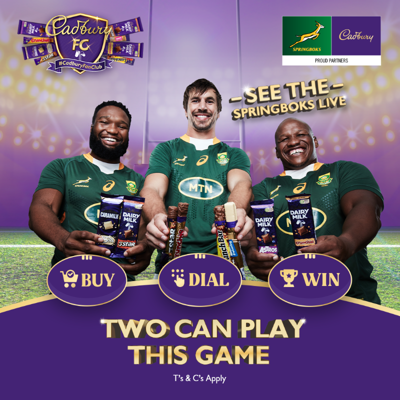 LunchBar_SA's tweet photo. Are you Game Day ready? 𝗟𝗜𝗞𝗘 ❤️ this post for a #CadburyFC surprise. 🎉

Kick off your snack game with 2 Cadbury chocolates for a chance to WIN tickets to see the Springboks live, or R250 000 bucks. T&amp;Cs apply
