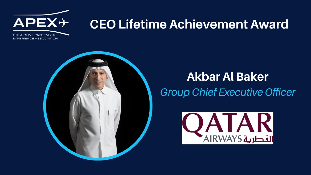theAPEXassoc's tweet photo. We're proud to announce @qatarairways Group Chief Executive Officer Akbar Al Baker will receive the CEO Lifetime Achievement Award at the APEX/@IFSAOnBoard Ceremony next month at APEX/IFSA #GlobalEXPO in L.A.

Join us at Global EXPO: https://t.co/29RaftbIos  

#PaxEx #Aviation https://t.co/alZEM7PJdJ