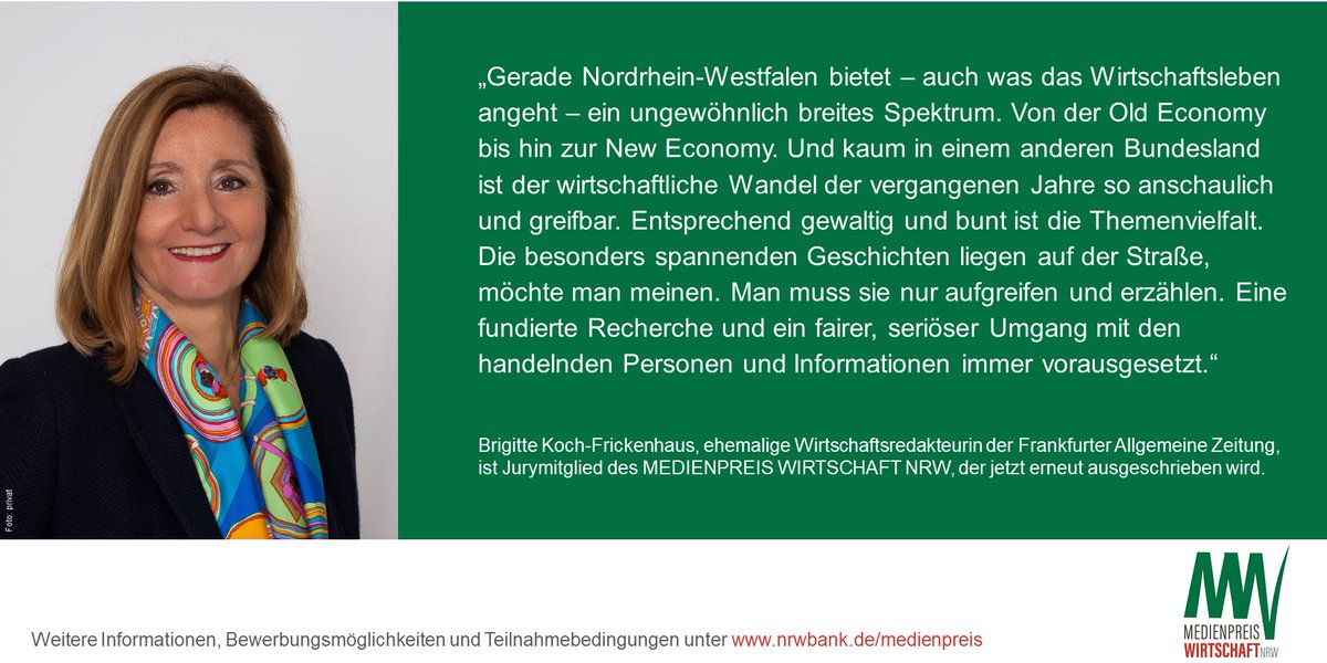 MedienpreisNRW's tweet photo. Die besonders spannenden Geschichten liegen auf der Straße, sagt Brigitte Koch-Frickenhaus, Jurymitglied beim #MedienpreisWirtschaftNRW. 🗞📺🎙 Sie haben einen herausragenden journalistischen Beitrag veröffentlicht? Dann bewerben sie sich bis zum 13.9. 👉 https://t.co/UCmLNGseJQ https://t.co/9suAImkkxY
