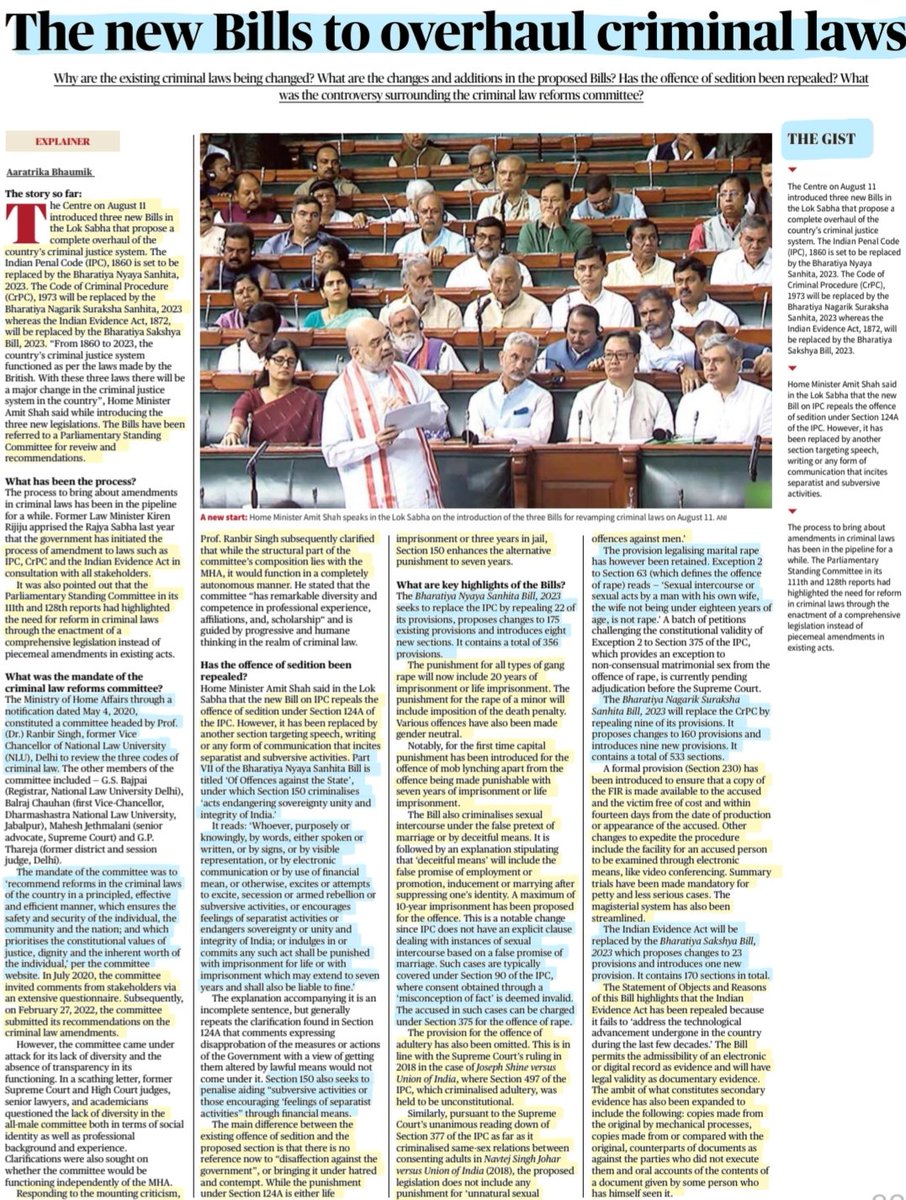 imRavikantYadav's tweet photo. 'The New Bills to overhaul Criminal Laws'
:Details

• #BharatiyaNyayaSanhita #IPC 

•#BharatiyaNagarikSurakshaSanhita #CrPC 

• #BharatiyaSakshaAdhiniyam #evidence Act

#CriminalAmendmentBills
#CriminalLaws 
#CrPCAmendmentBill 
#Legislation

Source:TH https://t.co/pna0n67ZYi