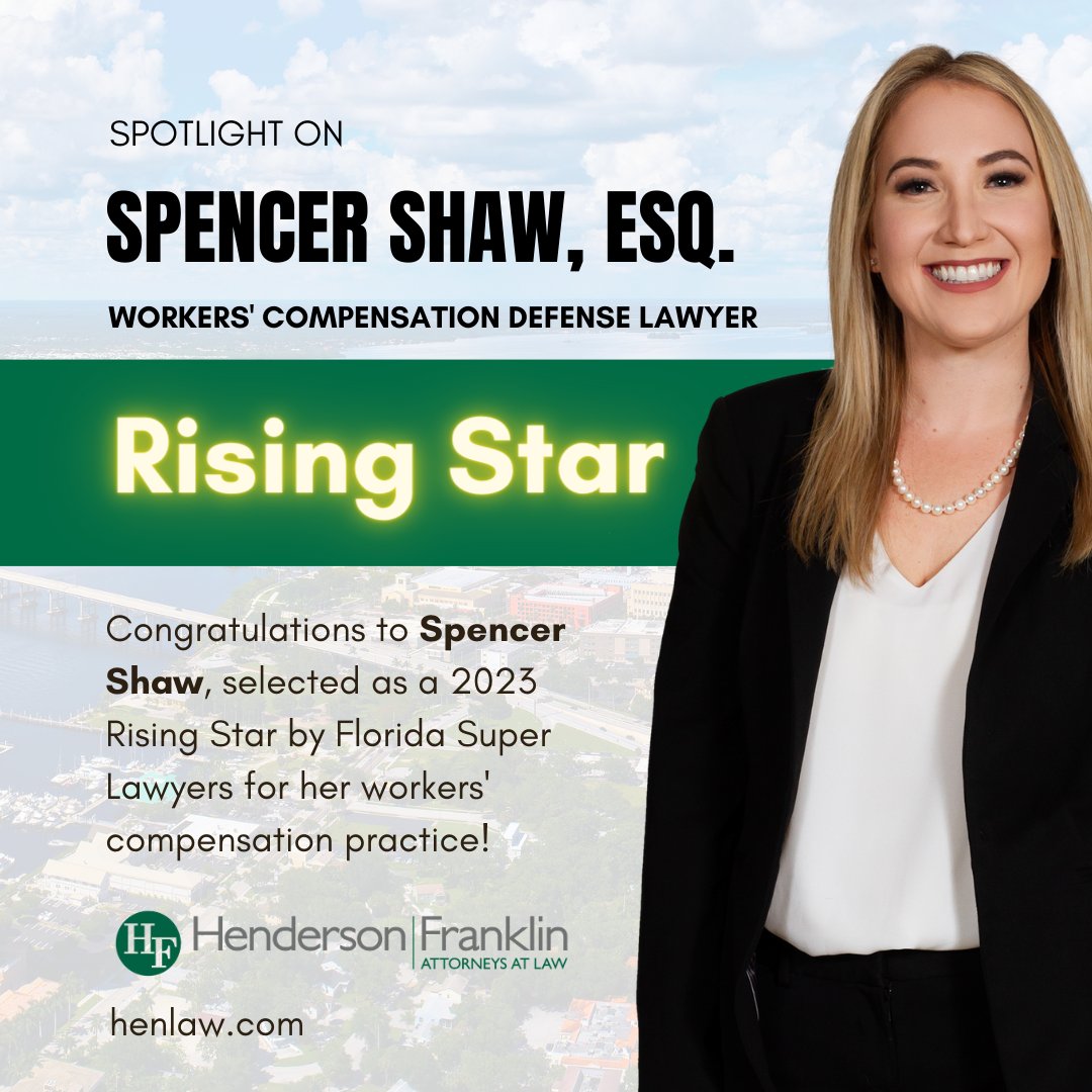 HenlawSWFL's tweet photo. Congrats to Florida Workers' Compensation Attorney Spencer Shaw for being recognized as a "Rising Star" by Florida Super Lawyers in 2023! She represents public and private employers involved in workers' compensation claims.

https://t.co/GirrBa0wX7

#swfl #law #claims #FL https://t.co/m7pIjkpLiX