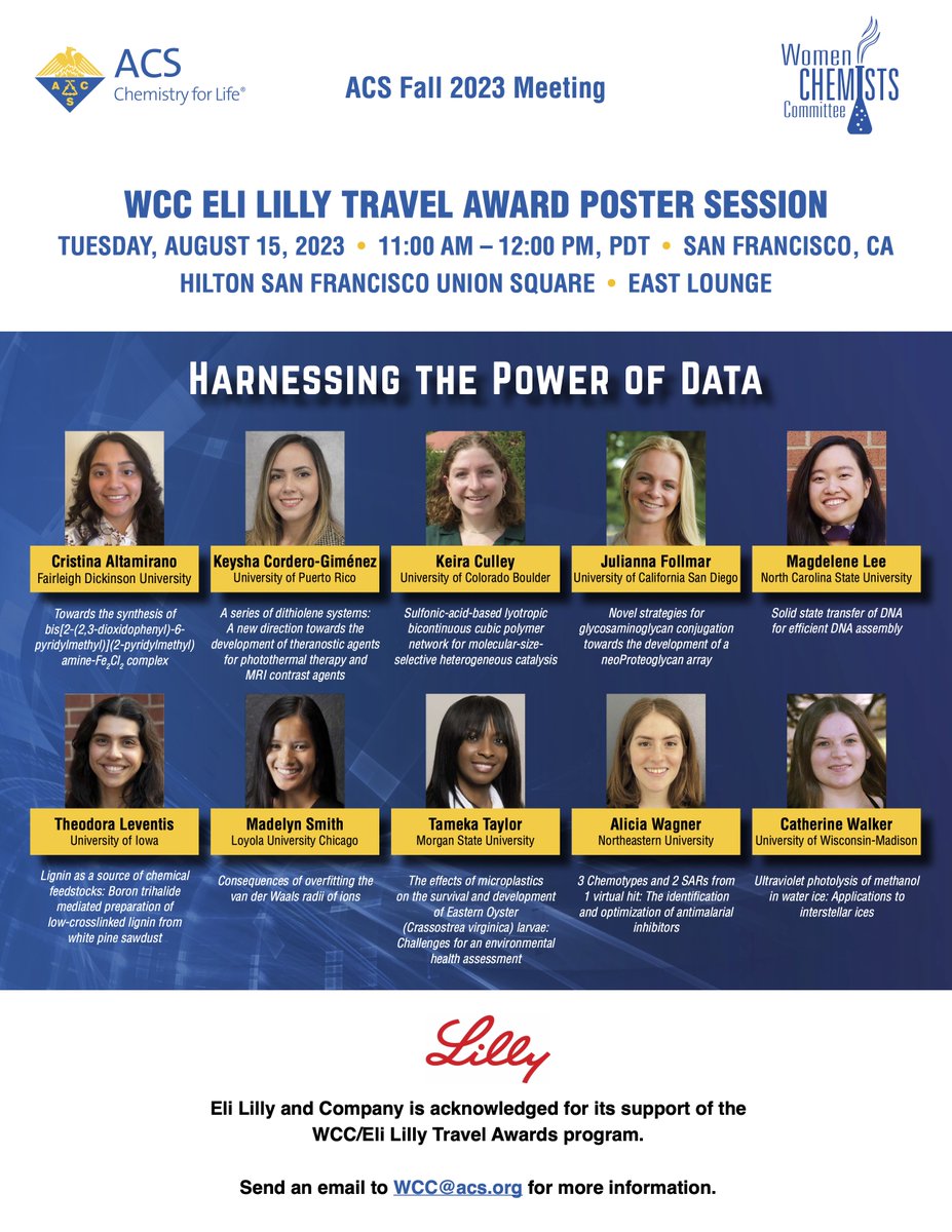 The ACS WCC invites you to the WCC Eli Lilly Travel Award Poster Session Tuesday, August 15th, from 11 - 12 PM in the Hilton Union Square East Lounge at the Fall ACS National meeting!