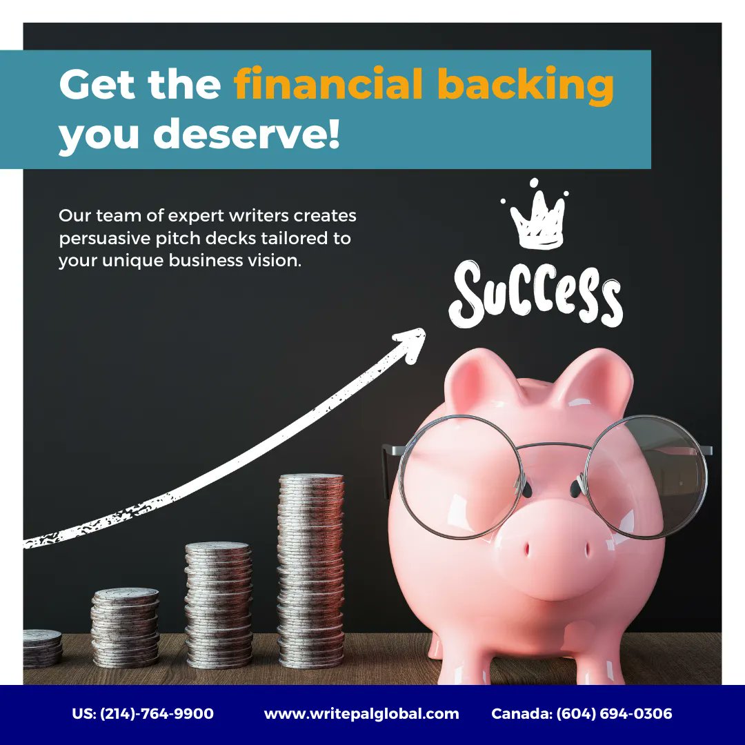 💰 Get the financial backing you truly deserve! WritePal Global's expert team of writers crafts persuasive pitch decks customized to your unique business vision. Let's secure your funding together! 💼💪✨

 #FinancialBackbone #PitchDeckMastery #BusinessSuccess