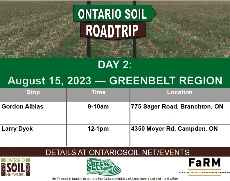 SoilNetwork's tweet photo. Ontario Soil Roadtrip Day 2 - visit us in the Greenbelt area!!
No registration is needed; come out and join us for one-stop or all-stops. Coffee/water and snacks provided per stop.
See you on the road!
Details here:https://t.co/8HRmTWKj41
#LetsTalkSoil #OntAg https://t.co/CQyv7c7ePB