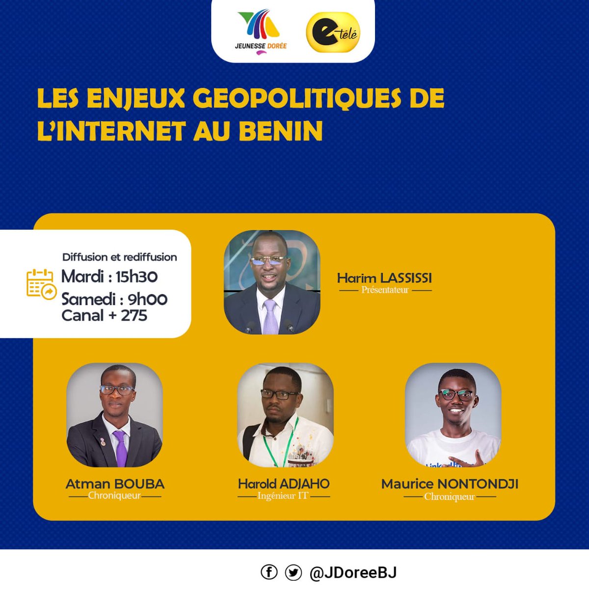 🟥Depuis quelques jours, l'#Internet au Bénin est en panne. Atman BOUBA et Maurice Nontondji reçoivent Harold Adjaho , Ingénieur IT pour débattre des enjeux #géopolitiques de l'Internet au #Bénin. 

RDV ce mardi à 15h30 pour suivre <a href="/JDoreeBj/">Jeunesse Dorée</a> 

#JDoreeBJ #KiffNumerique #wasexo