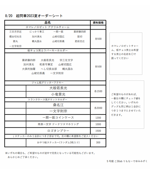 8/20用のオーダーシートを作成しました。
7イレブンのマルチコピー機にてネットプリントが可能です。良ければご活用ください🙂✨(印刷にはコピー機利用代金が発生します)
予約番号:TJL7TY2G

個数制限のあるものについては並び直し可となります。よろしくお願いします。 