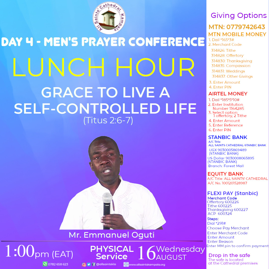 allsaintskla's tweet photo. Join us for Lunch Hour physically at the cathedral on Wednesday 16th August 2023 at 1pm EAT. Come with a friend !!
#ASCKLunchHour #Prayer #ASCKMensPrayerConf2023 #MPC4 #ASCKChurchOnline https://t.co/0hBSCeLPpz