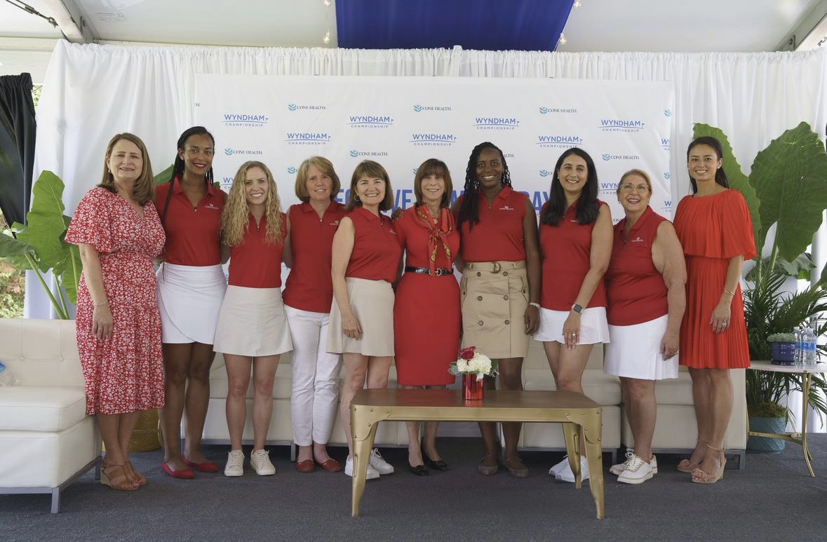 Cone Health Cardiovascular Superwomen with Cone CEO Mary Jo Cagle and US Representative Kathy Manning leading the way at the Wyndham Executive Women’s Day.  #WyndhamChampionship #Wyndham #womenheart #ACC