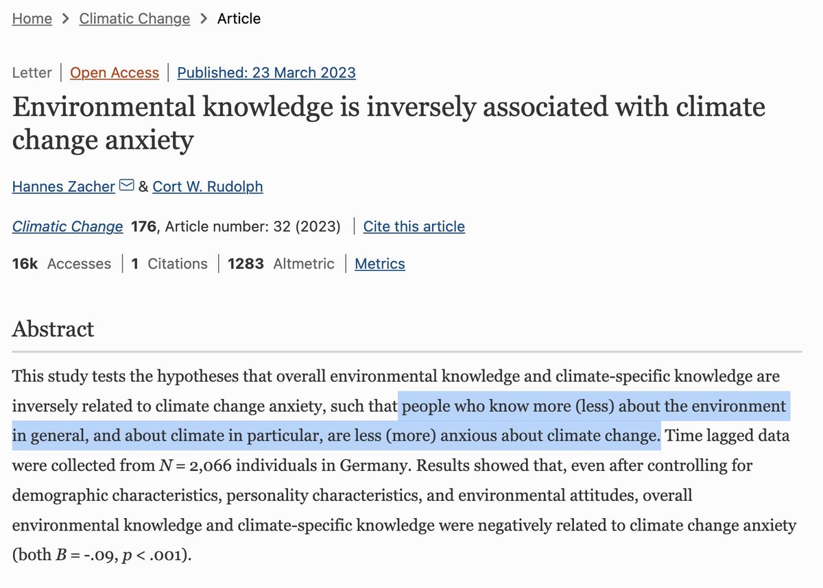 Study shows that

people who possess 𝗺𝗼𝗿𝗲 overall environmental knowledge or climate-specific knowledge experience 𝗹𝗲𝘀𝘀 climate change anxiety

(and less knowledge, more anxiety)

Can we go back to educating our kids instead of scaring them?

link.springer.com/article/10.100…