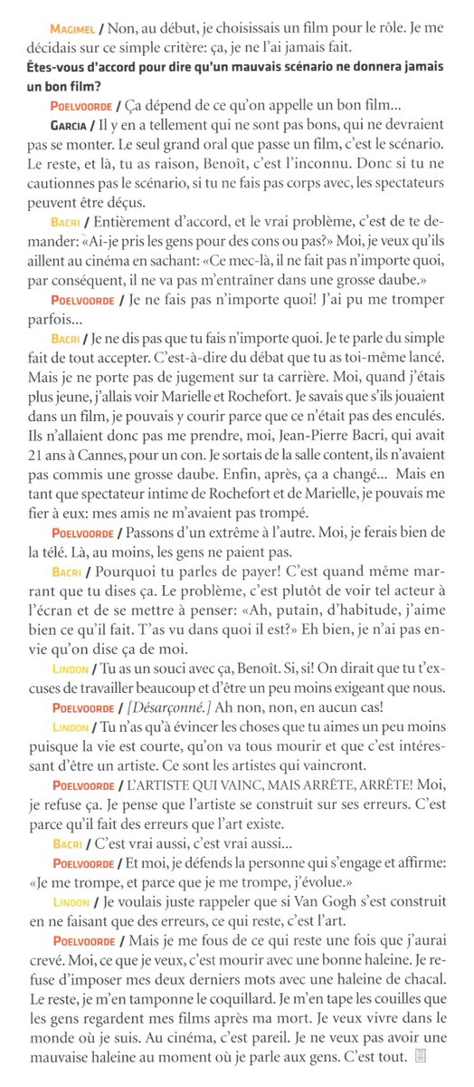 toutestneutral's tweet image. Je veux une adaptation théâtrale de cette incroyable interview croisée où Poelvoorde, Lindon, Bacri et Magimel se foutent sur la gueule à propos de leurs choix de carrière. (Première d'avril 2006 pour la sortie de Selon Charlie)