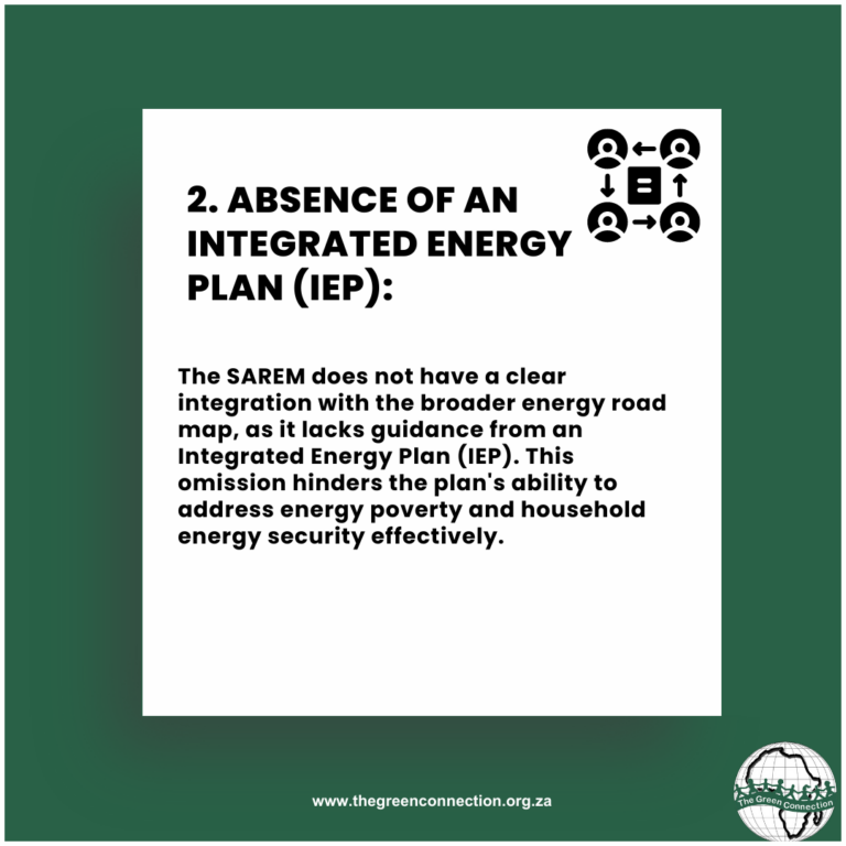 The SAREM does not have a clear integration with the broader energy road map, as it lacks guidance from an Integrated  Energy Plan (IEP). This omission hinders the plan's ability to address energy poverty and household energy security effectively.
@DMRE_ZA  @GaylorTIPS <a href="/SAFCEI/">Safcei</a>