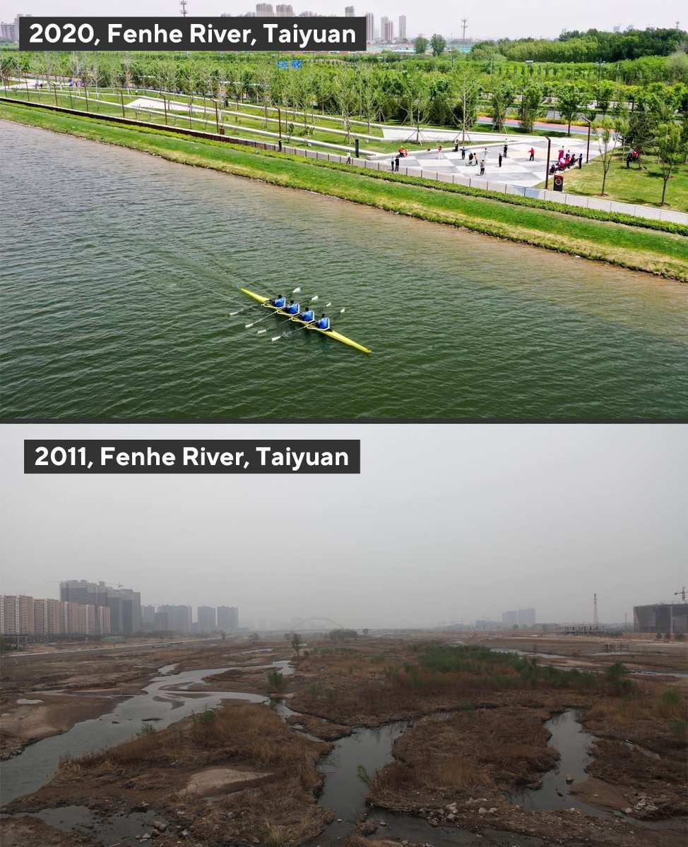 From a neglected river that almost ran dry from overuse to a national tourist attraction fit for boat racing, Fenhe River, Shanxi Province's 'Mother River', has been transformed into a 'green corridor' through the provincial capital of Taiyuan. #GreenChina